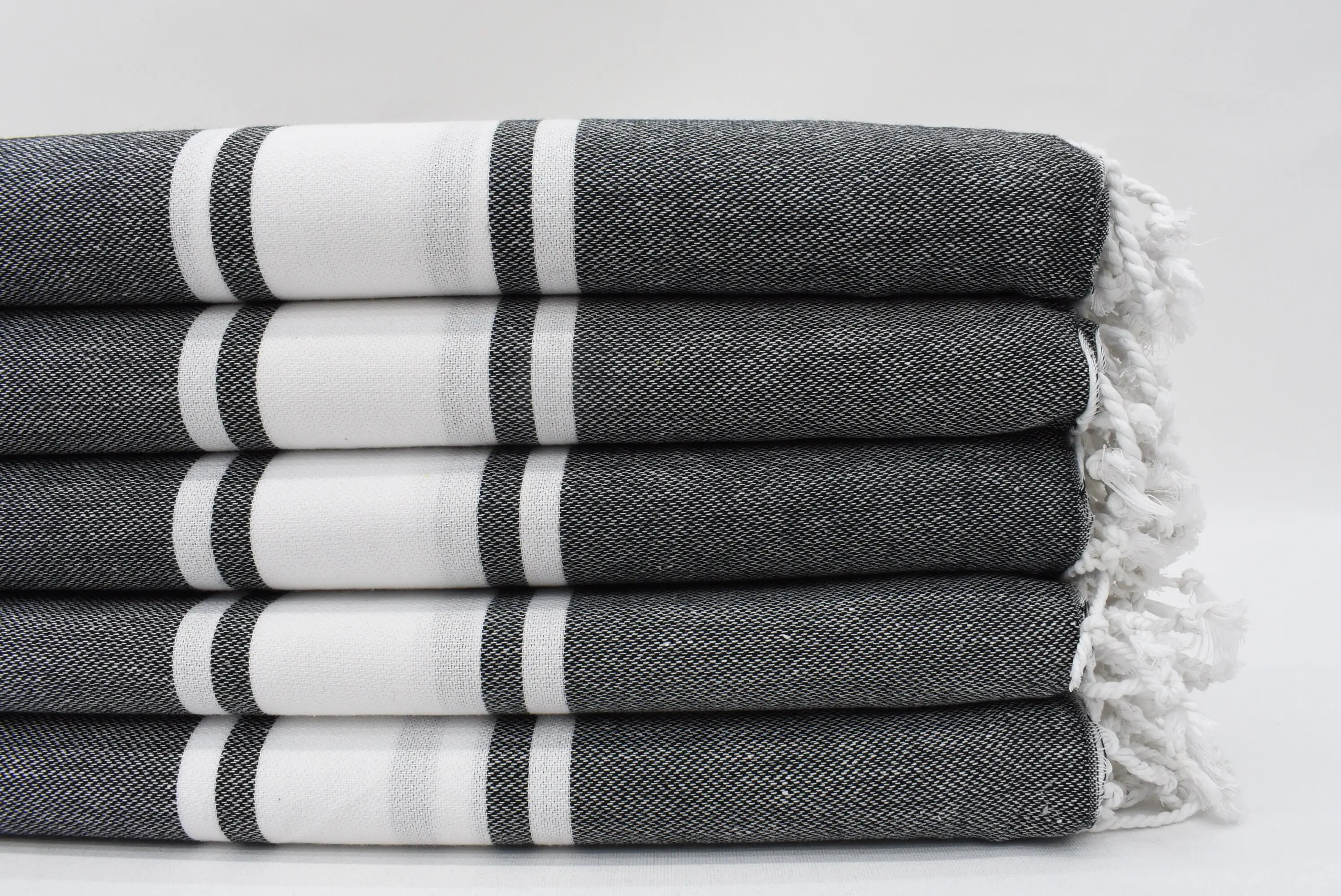 Black Decorative Turkish Bath Towel, Organic Cotton, Striped, 70x40 Inches - 1