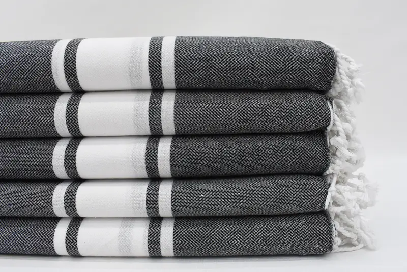 Black Decorative Turkish Bath Towel, Organic Cotton, Striped, 70x40 Inches
