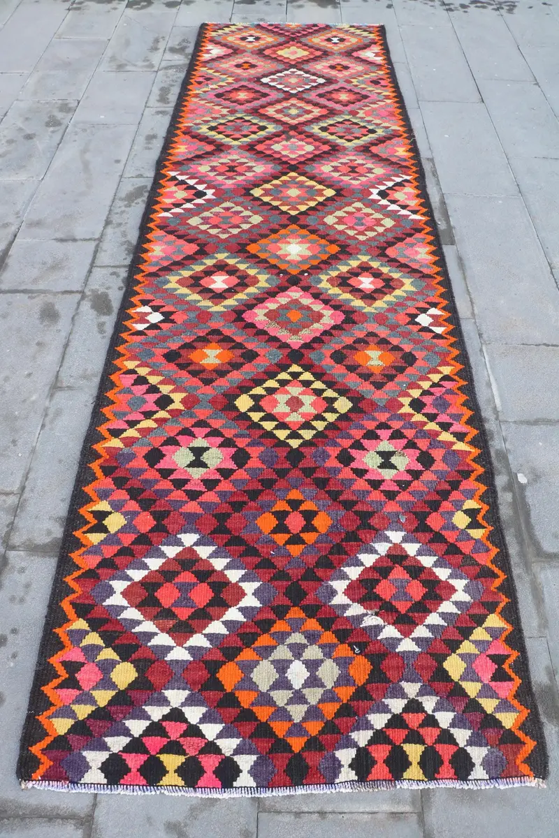 Kırmızı & Siyah Halı, 3,3x11,8 ft Botanik Tasarım