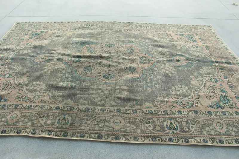 6.6x9.5 ft Halı, Eski Türk Halısı, Mavi Katı Yün Halı - 1