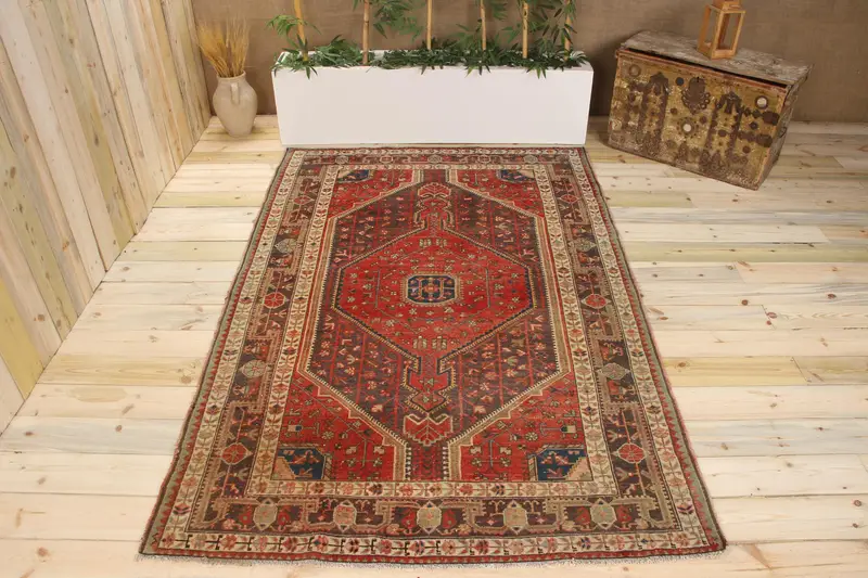 Handmade Red Abstract Rug, 0.4x7.7 ft Chic Decor