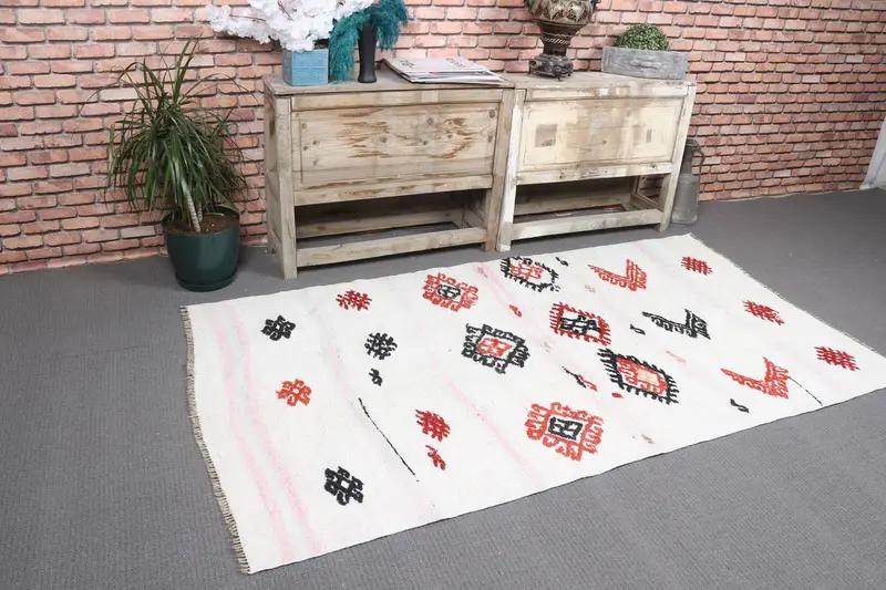 Alfombra vintage de 3,5x6,5 pies, alfombra de acento turco, alfombra de lana con estampado animal rojo blanco - 1
