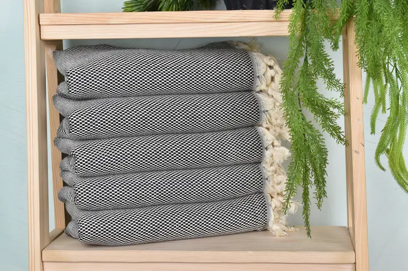 Wedding Gifts Towel Organic Cotton/Linen Black with Beige Polka Dots, 40x71 Inches