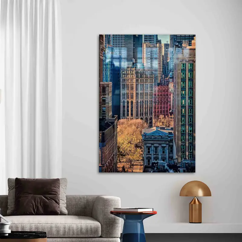 エレガントなマンハッタンビューのプリントガラス - モダンな都市景観デザイン