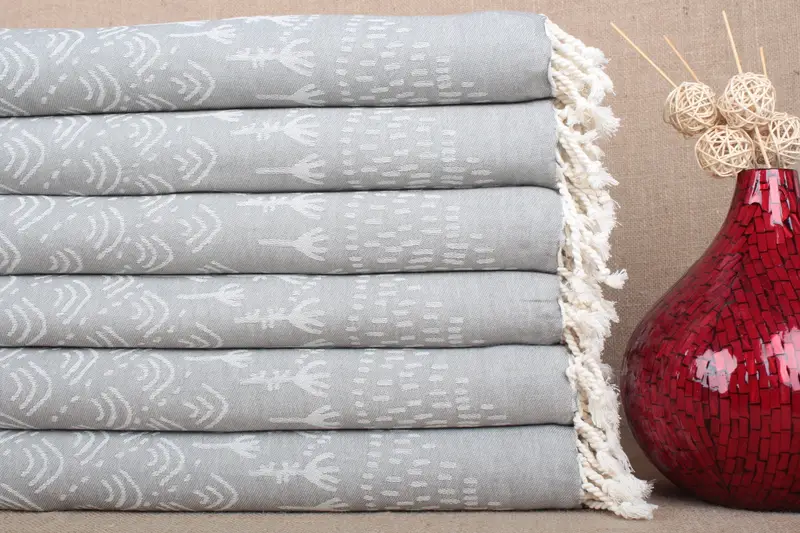 Organic Beach Towel Patterned Plants Gray, 40x71 Inches