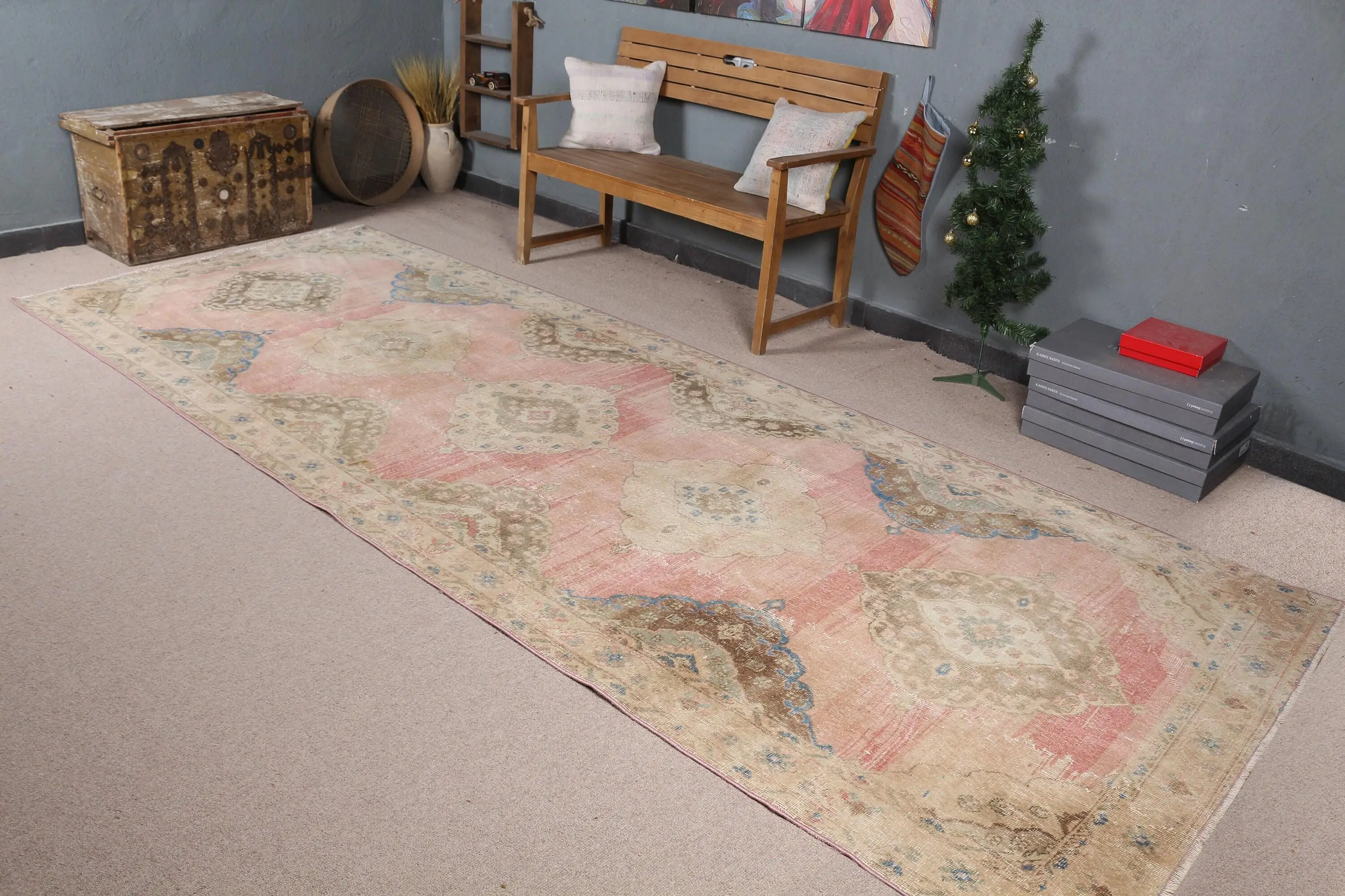 Türkischer Vintage Teppich, 4,9x12,7 ft Läuferteppich, rosa blauer Wollteppich - 1