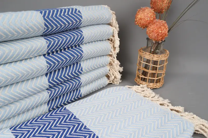 Turkish Towels Beach Baby Blue-Sax Chevron Organic Cotton, 40x71 Inches
