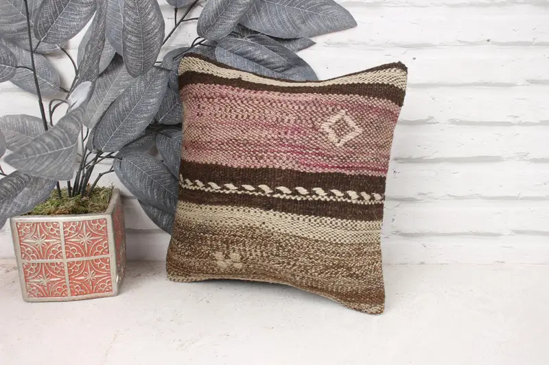 Kilim Cushion Sham, Throw Kilim Pillow, Square Throw Pillow Case, Pillow Sham, 12x12 Beige Pillow Sham, Antique Pillows, Boho Throw Cushion Case - 4