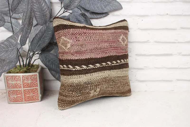 Kilim Cushion Sham, Throw Kilim Pillow, Square Throw Pillow Case, Pillow Sham, 12x12 Beige Pillow Sham, Antique Pillows, Boho Throw Cushion Case - 3