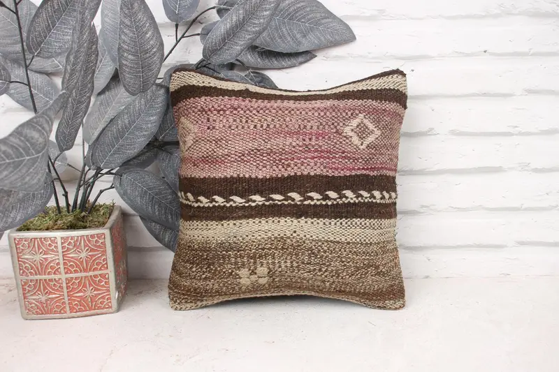 Kilim Cushion Sham, Throw Kilim Pillow, Square Throw Pillow Case, Pillow Sham, 12x12 Beige Pillow Sham, Antique Pillows, Boho Throw Cushion Case - 1
