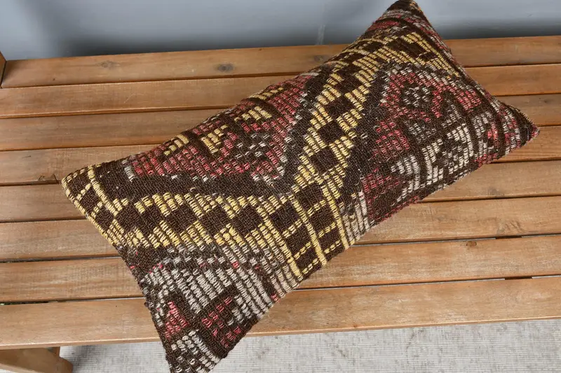 Cushion Cover, Vintage Kilim Throw Pillow, 12x24 Yellow Cushion Case, Ethnical Kilim Rug Pillow, Bright Cushion Cover, Home Decor Pillow - 2