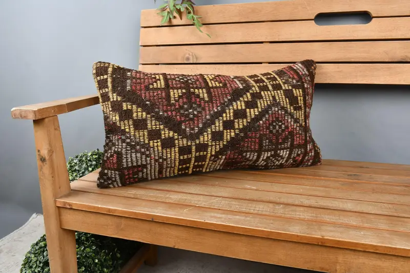 Cushion Cover, Vintage Kilim Throw Pillow, 12x24 Yellow Cushion Case, Ethnical Kilim Rug Pillow, Bright Cushion Cover, Home Decor Pillow - 1