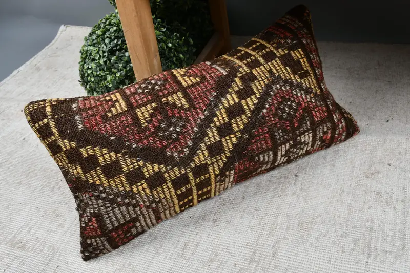 Cushion Cover, Vintage Kilim Throw Pillow, 12x24 Yellow Cushion Case, Ethnical Kilim Rug Pillow, Bright Cushion Cover, Home Decor Pillow - 7