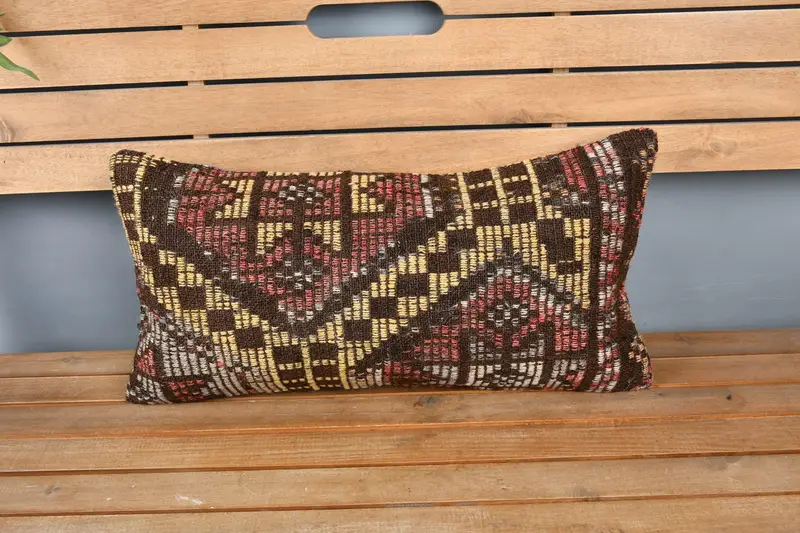Cushion Cover, Vintage Kilim Throw Pillow, 12x24 Yellow Cushion Case, Ethnical Kilim Rug Pillow, Bright Cushion Cover, Home Decor Pillow - 6