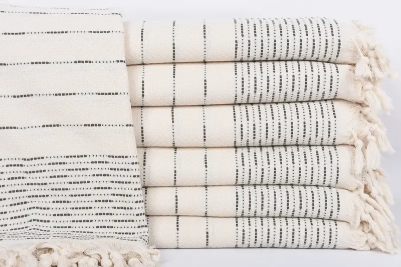 Khaki Green Striped Design Turkish Blanket, Custom Boho Throw, 97x91 Inches