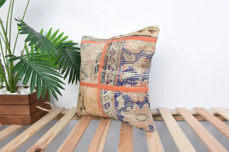 Rustic Pillow, Pillow Case, Boho Pillow, 16x16 Blue Pillow Sham, Decorative Pillow Case, Interior Designer Pillow, Vintage Kilim Pillow - 5