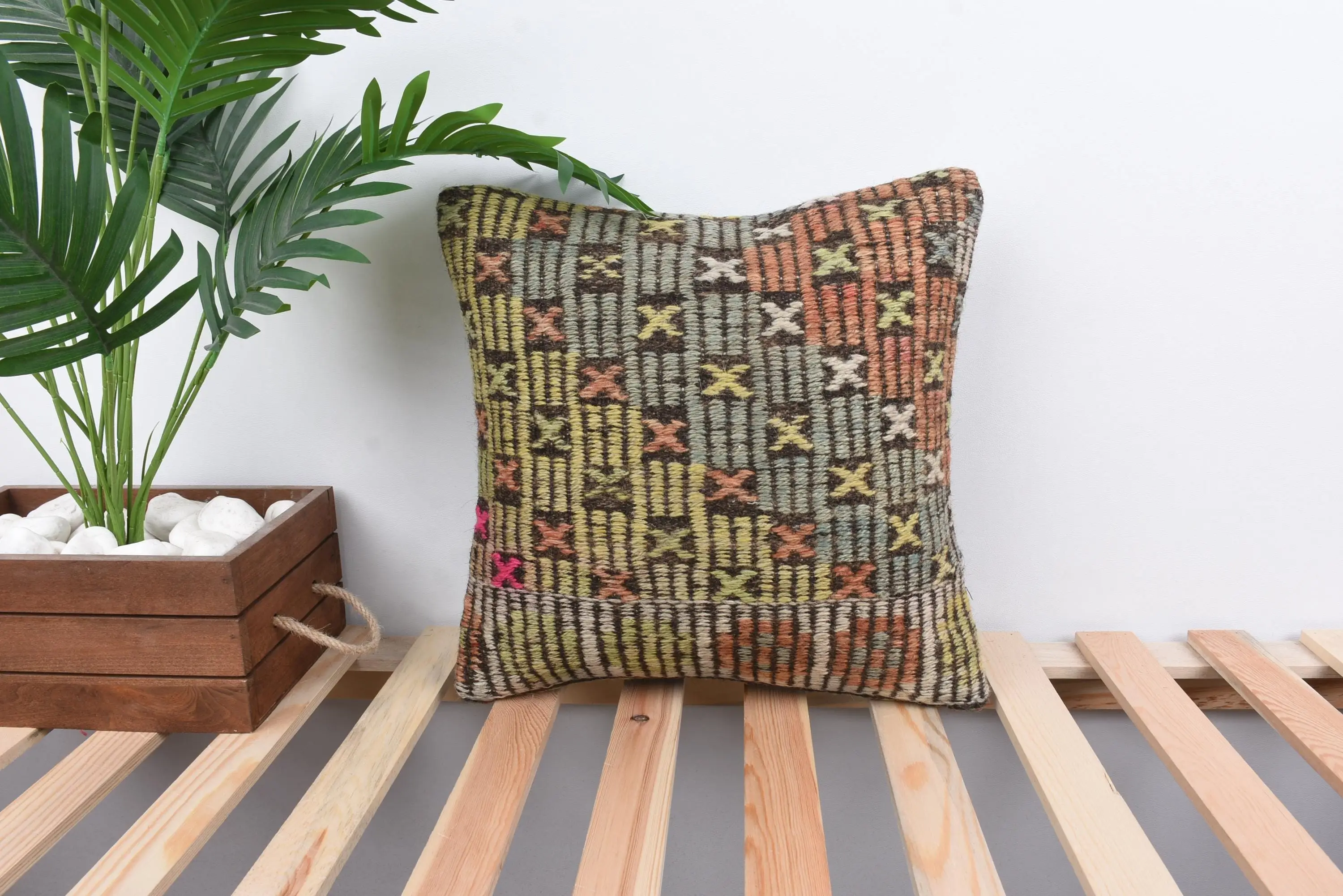 Handmade Green & Gray Geometric Throw Pillow, Vintage Embroidered Cushion - 1