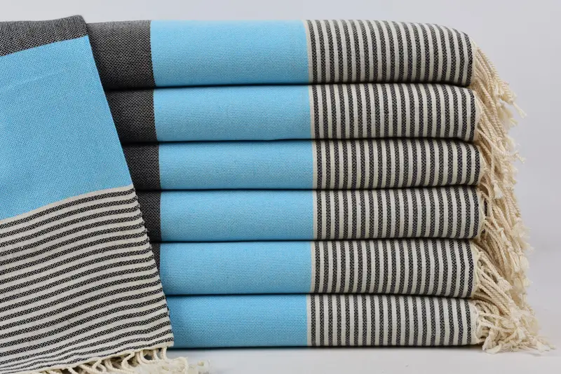 Beach Towel Organic Cotton Black and Beige Striped, 40x67 Inches