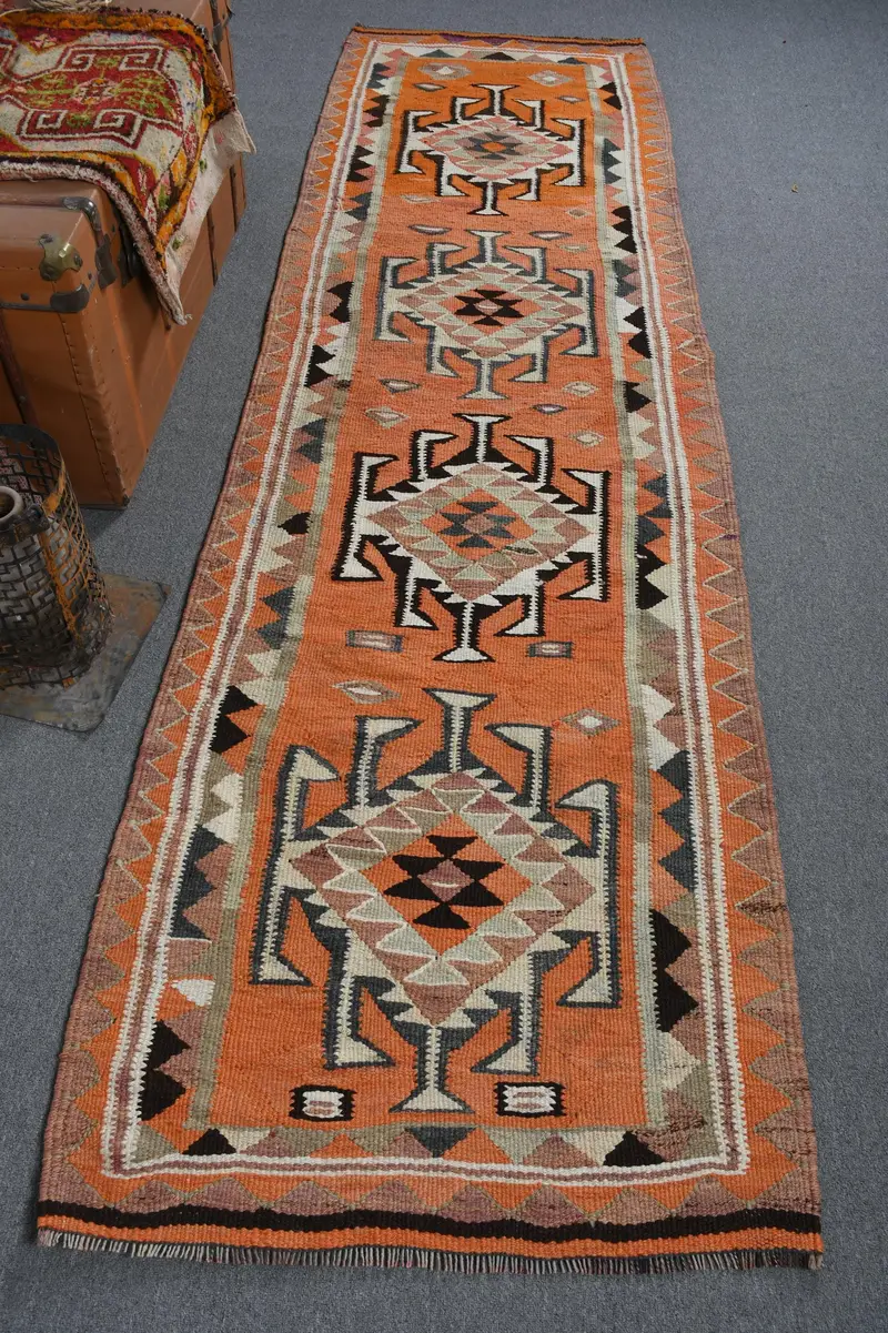 Canlı 2,9x10 ft Halı, Turuncu ve Yeşil Doğadan Esinlenen Tasarım