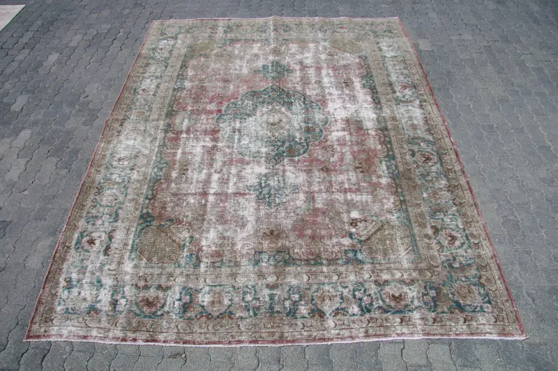 Türk Oushak Büyük Boy Halı 7.8x10.2 ft (237x311 cm), Vintage Kırmızı Soyut Halı - 1