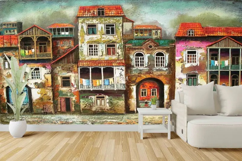 Landscape Mural, Old City Landscape Wall Painting, Abstract Wall Art, Wall Art Decor, Street Silhouette Wall Stickers, Wallpaper Border, - 2