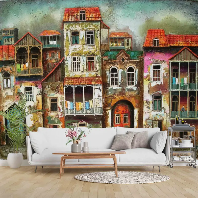 Landscape Mural, Old City Landscape Wall Painting, Abstract Wall Art, Wall Art Decor, Street Silhouette Wall Stickers, Wallpaper Border, - 6