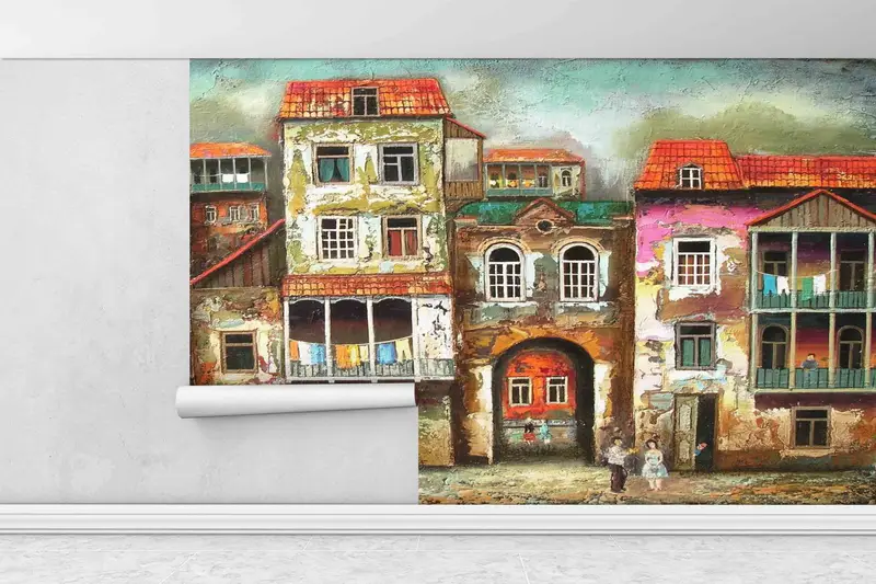 Landscape Mural, Old City Landscape Wall Painting, Abstract Wall Art, Wall Art Decor, Street Silhouette Wall Stickers, Wallpaper Border, - 1