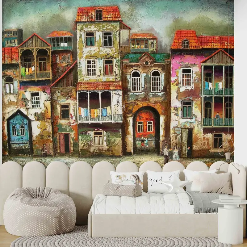 Landscape Mural, Old City Landscape Wall Painting, Abstract Wall Art, Wall Art Decor, Street Silhouette Wall Stickers, Wallpaper Border, - 4
