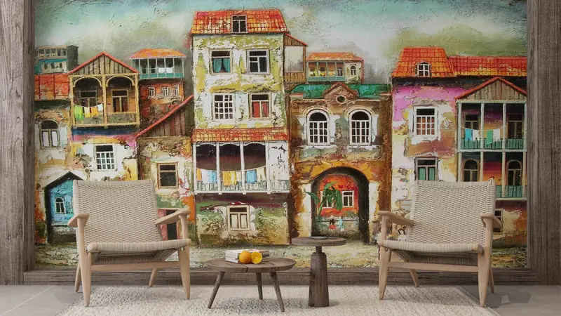 Landscape Mural, Old City Landscape Wall Painting, Abstract Wall Art, Wall Art Decor, Street Silhouette Wall Stickers, Wallpaper Border, - 3