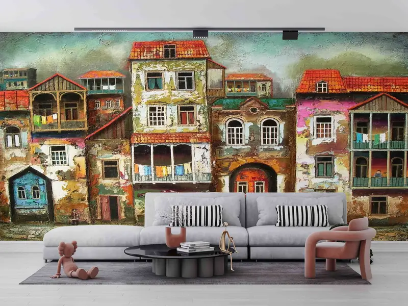 Landscape Mural, Old City Landscape Wall Painting, Abstract Wall Art, Wall Art Decor, Street Silhouette Wall Stickers, Wallpaper Border, - 7