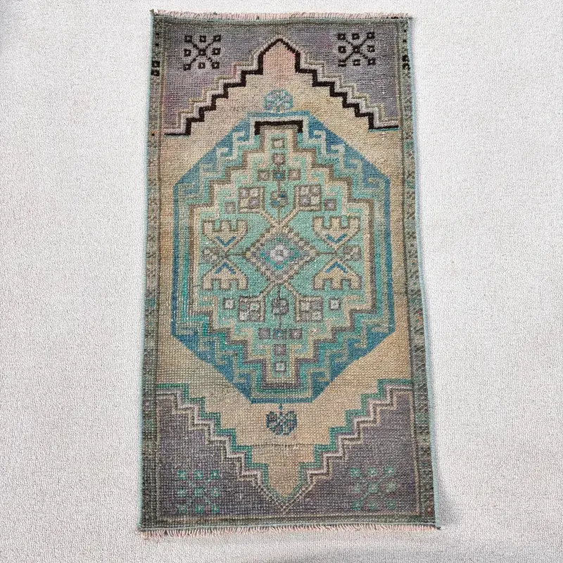 Türk Vintage Oushak Küçük Halı 1.5x2.7 ft, Mavi Çiçekli Yün Halı - 1