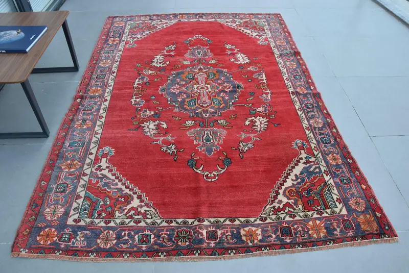 Vintage Oushak Rug 5.3x7.7 ft, Red Blue Camouflage Wool Turkish Rug - 1