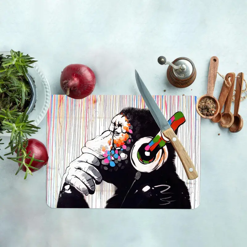 Temperli Emniyetli Renkli Maymun Baskılı Cam Kesme Tahtası