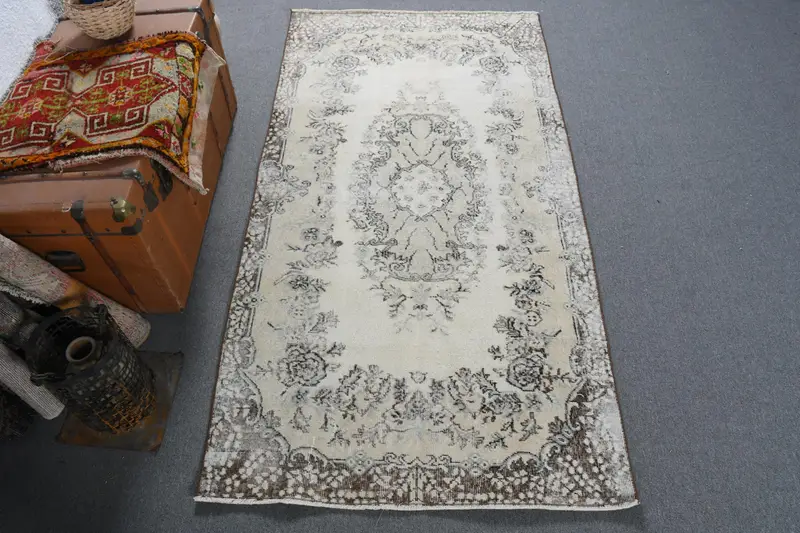 Alfombra vintage turca, alfombra Oushak de 3,6x7 pies, alfombra marroquí de área blanca - 1