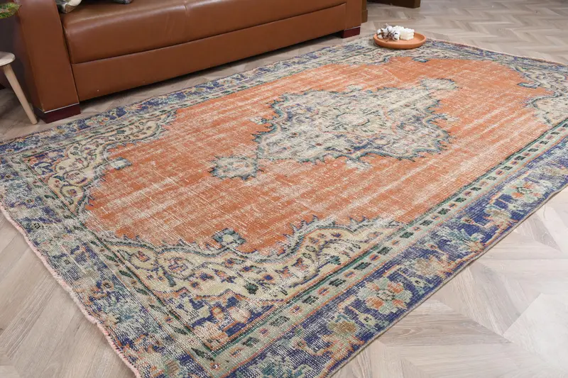 Alfombra vintage de 5,2x8,2 pies, alfombra turca grande, alfombra oriental naranja - 1