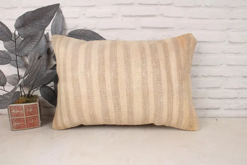 Cushion Case, Turkish Kilim Pillow, Ethnical Kilim Rug Pillow, 16x24 Beige Pillow Cover, Vintage Throw Pillow Case, Handmade Kilim Cushion - 1