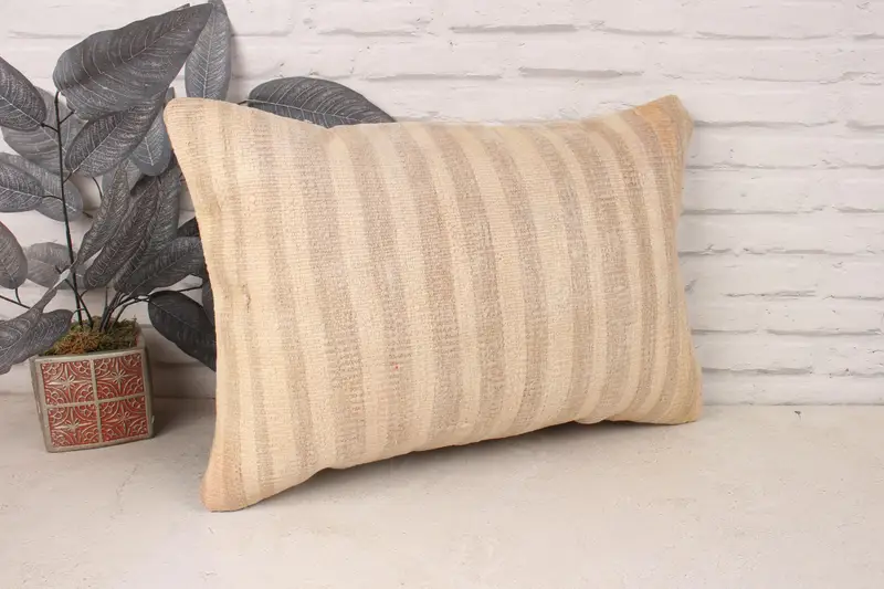 Cushion Case, Turkish Kilim Pillow, Ethnical Kilim Rug Pillow, 16x24 Beige Pillow Cover, Vintage Throw Pillow Case, Handmade Kilim Cushion - 3