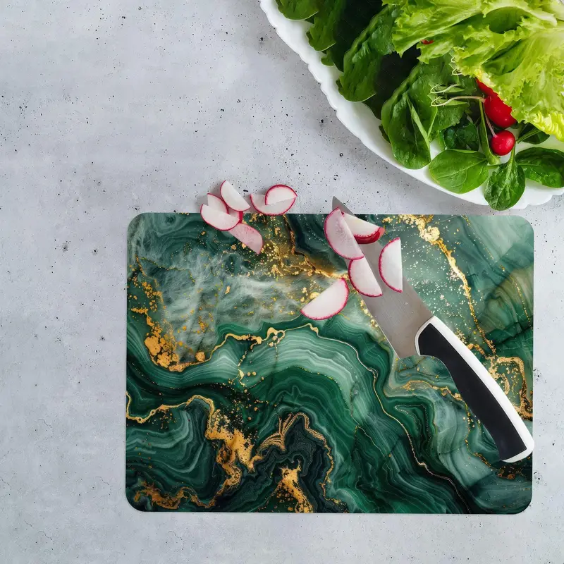 Altın Kenarlı Yeşil Mermer Cam Kesme Tahtası, Temperli Güvenlik Tasarımı