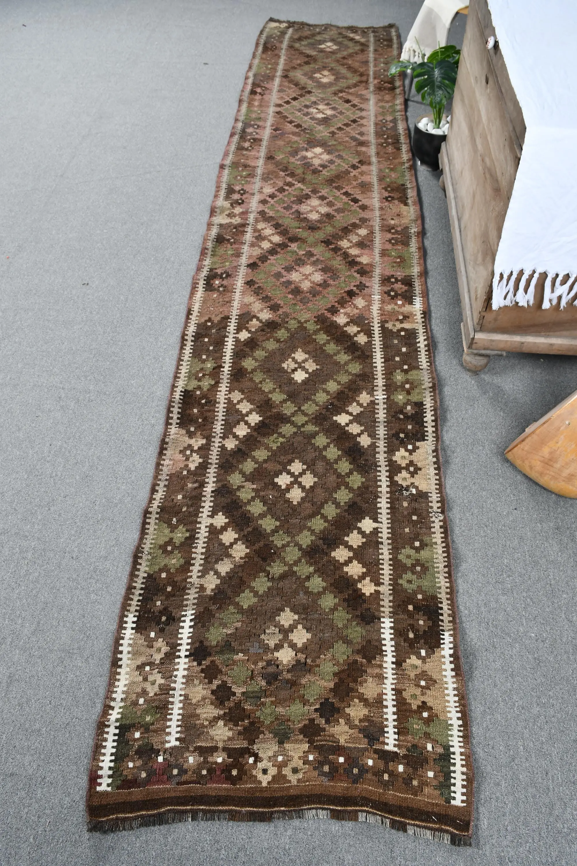 Turkish Vintage Rug, Runner 2.4x12.1 ft (72x370 cm) Rug, Brown Abstract Wool Rug - 1