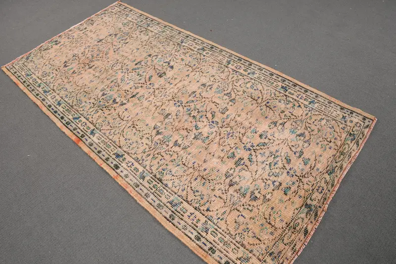 3.4x6.7 ft Vintage Accent Rug, Blue Brown Turkish Bordered Wool Rug - 1