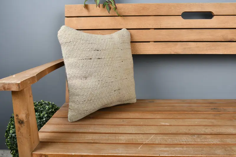 Pillow Cover, Vintage Kilim Pillow, Home Decor Pillow, Boho Pillow, 14x14 Beige Cushion Case, Turkish Bench Pillow Cover, Accent Cushion Cover - 1