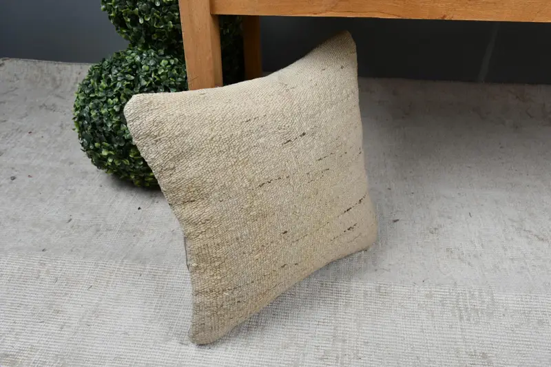 Pillow Cover, Vintage Kilim Pillow, Home Decor Pillow, Boho Pillow, 14x14 Beige Cushion Case, Turkish Bench Pillow Cover, Accent Cushion Cover - 7