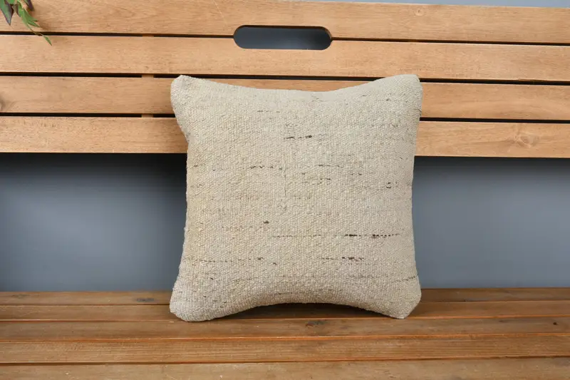 Pillow Cover, Vintage Kilim Pillow, Home Decor Pillow, Boho Pillow, 14x14 Beige Cushion Case, Turkish Bench Pillow Cover, Accent Cushion Cover - 5