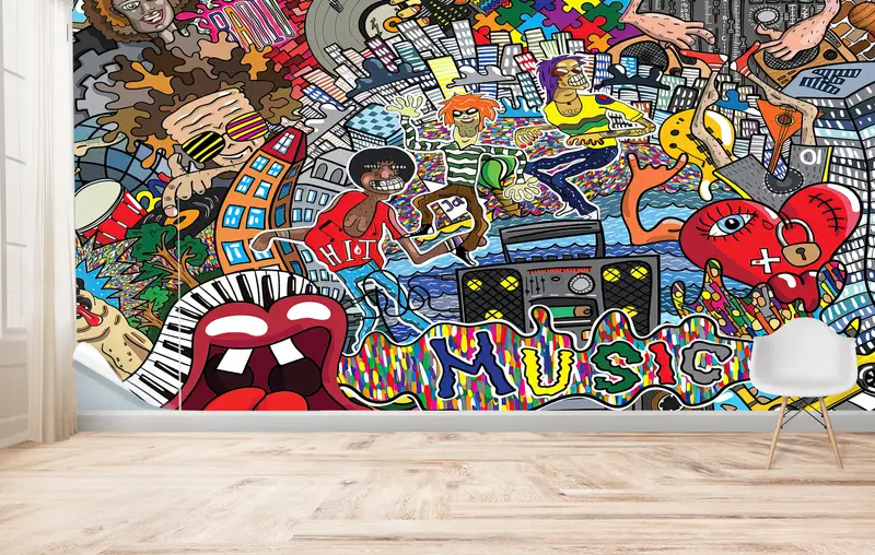 Canlı Baskılı Duvar Kağıdı: Soyut Müzik Graffiti Sanatı