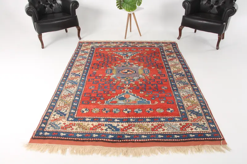 Türkischer Vintage-Teppich, 163 x 221 cm, rot-blau gestreifter Oushak-Teppich - 1