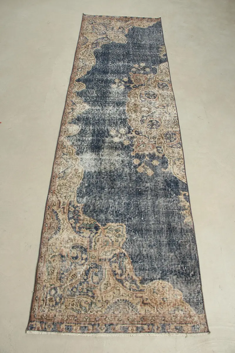 2.6x9 ft Oushak Halı, Vintage Türk Halısı, Mavi Kahverengi Ombré Halı - 1