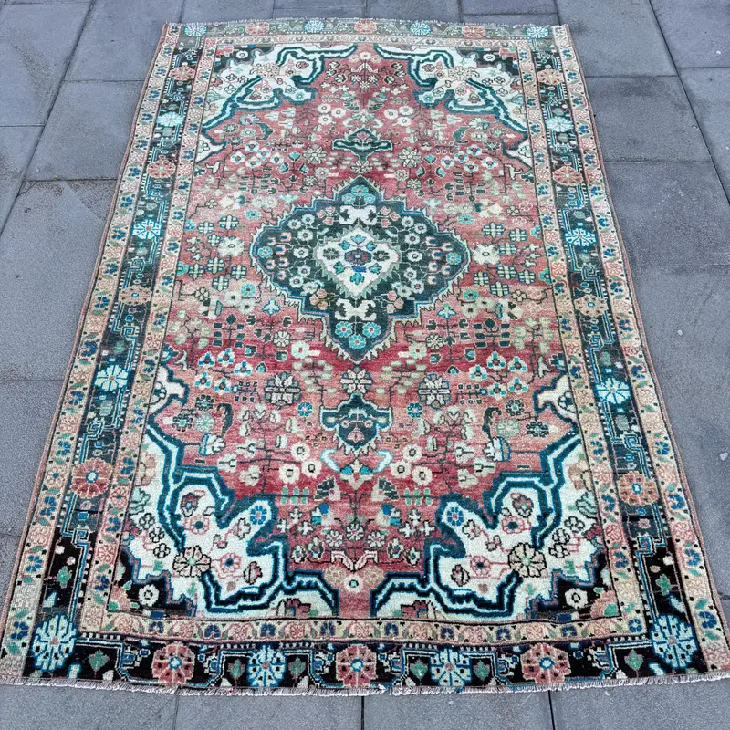 4,1x6,3 ft türkischer Teppich, Vintage-Teppich, roter orientalischer Wollteppich - 1