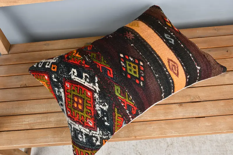 Rustic Pillow Sham, Bench Cushion Cover, Boho Pillow Sham Cover, Boho Pillow, Pillow Cover, Kilim Pillow Cover, 16x24 Brown Cushion Cover - 2