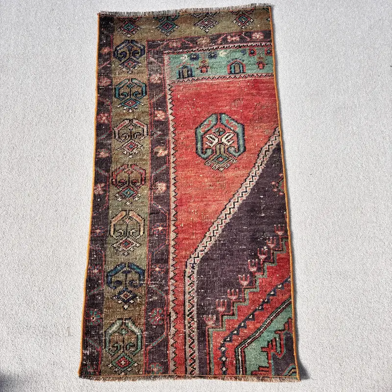 1.6x3.2 ft Turkish Small Rug, Red Green Vintage Striped Wool Rug - 1