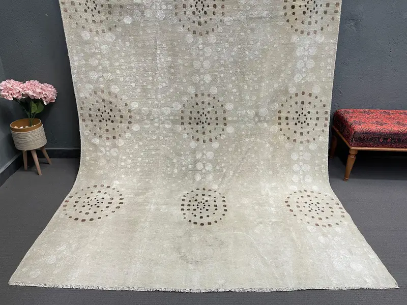 Turkish Rug, 6.46x9.5 ft Large Vintage Rug, Oushak White Brown Camouflage Rug - 1